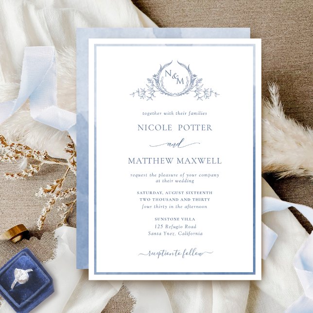 Elegant Monogram Dusty Blue Watercolor Bröllop Inbjudningar (Skapare uppladdad)