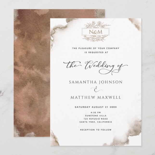 Elegant Monogram, Earthy Tones Watercolor, Bröllop Inbjudningar (Fram/baksida)