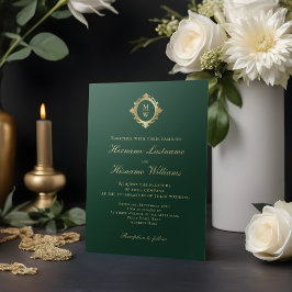 Elegant Monogram Emerald Grönt Guld Bröllop Inbjudningar