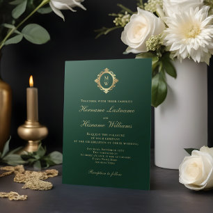 Elegant Monogram Emerald Grönt Guld Bröllop Inbjudningar