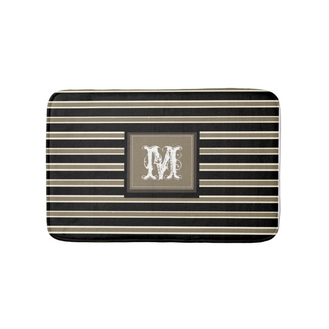 Elegant Monogram & Enkla Vita Beige Svarta Ränder Badrumsmatta (Framsidan)