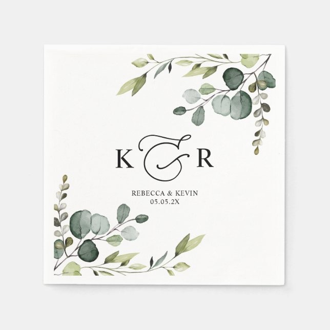 Elegant Monogram Eucalyptus Greenery Personlig Pappersservett (Framsidan)