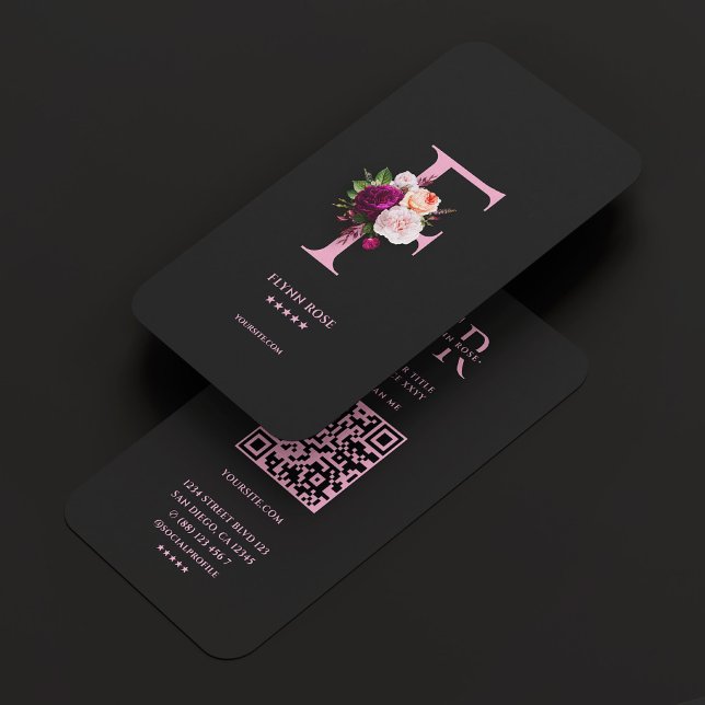 Elegant Monogram F Blommigt Ro Black Rosa Visitkort (Elegant Monogram F Floral Rose Black Pink Business Card
)