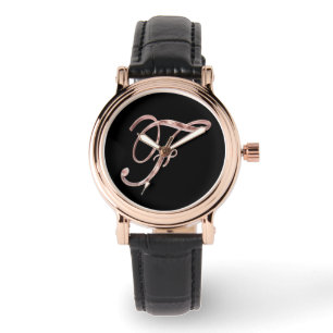 Elegant Monogram F Svart Ro Guld Armbandsur