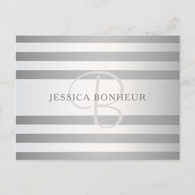 Elegant Monogram Falsk Silver Gradient Grå Ränder Vykort (Framsida)