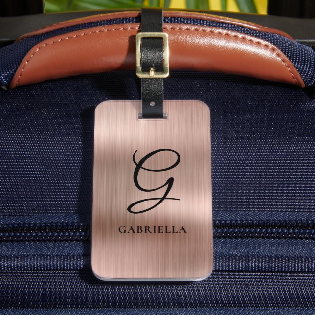 Elegant Monogram Falskt Borstat Metall Rosa Guld Bagagebricka (Framsida Insitu 2)