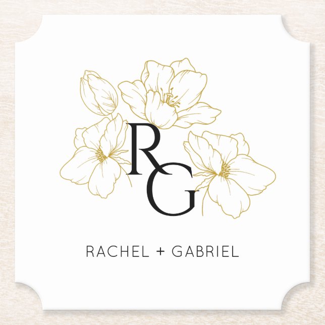 Elegant Monogram Falskt Guld Blommig Bröllop  Underlägg Papper (Framsida)
