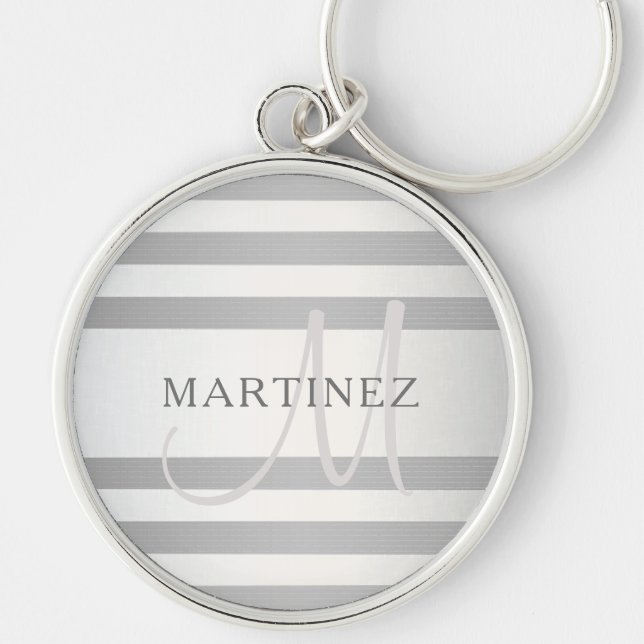 Elegant monogram falskt silver gradient grå ränder rund silverfärgad nyckelring (Framsidan)