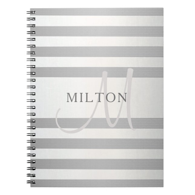 Elegant monogram falskt silvergradient grå ränder anteckningsbok (Framsidan)