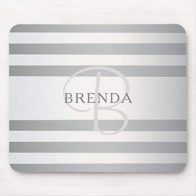 Elegant monogram falskt silvergradient grå ränder musmatta (Framsidan)