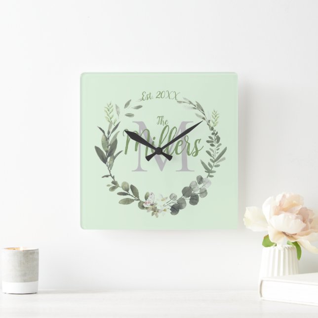 Elegant monogram familjenamn bladverk rund klocka (Hem)