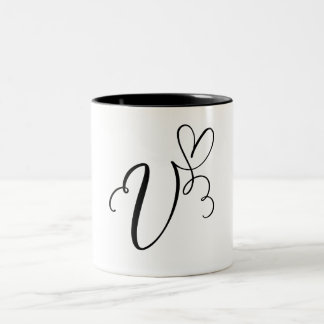 ELEGANT MONOGRAM FÄRG BLACK BREV ’V’ Två-Tonad MUGG