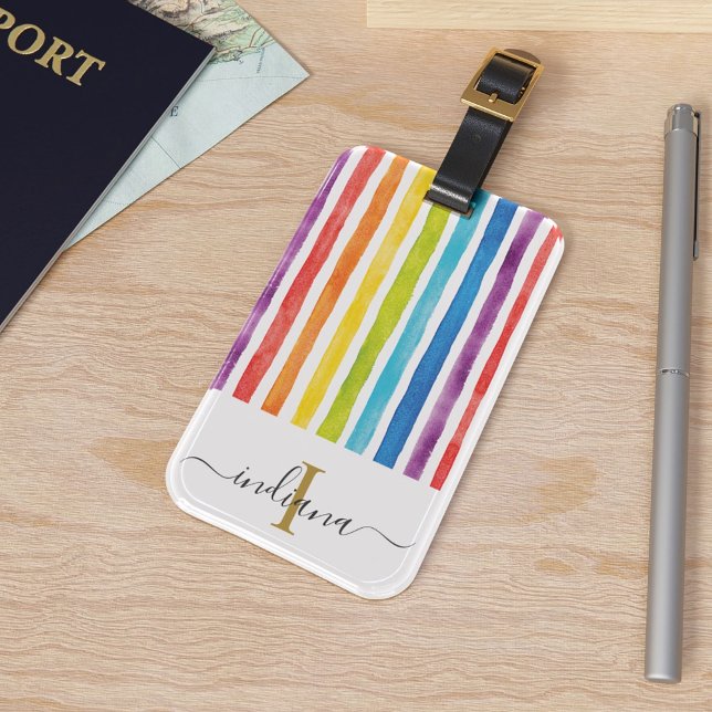 Elegant Monogram Färgregat med vattenfärg Regnbåge Bagagebricka (Elegant Monogram Colorful Watercolor Rainbow Luggage Tag)