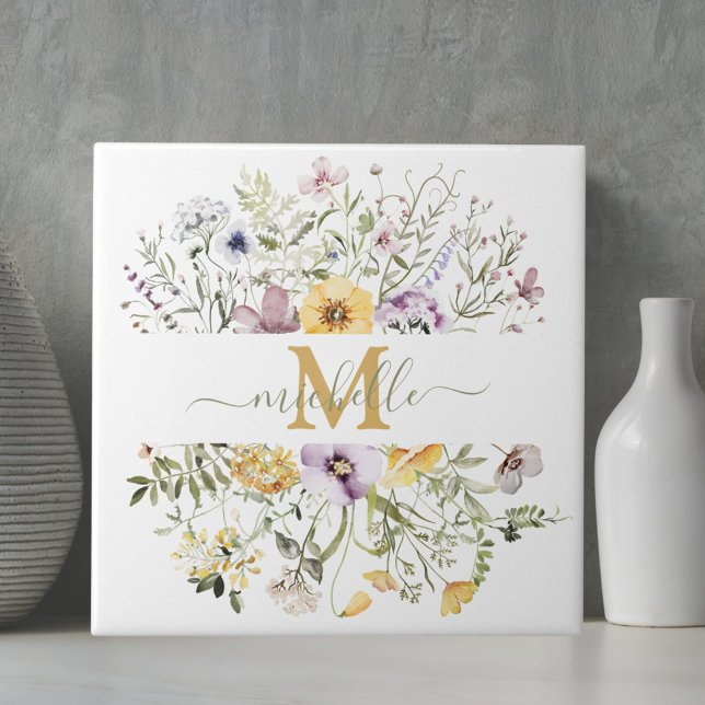 Elegant monogram färgrik vildblomster trädgård blo kakelplatta (Close up)