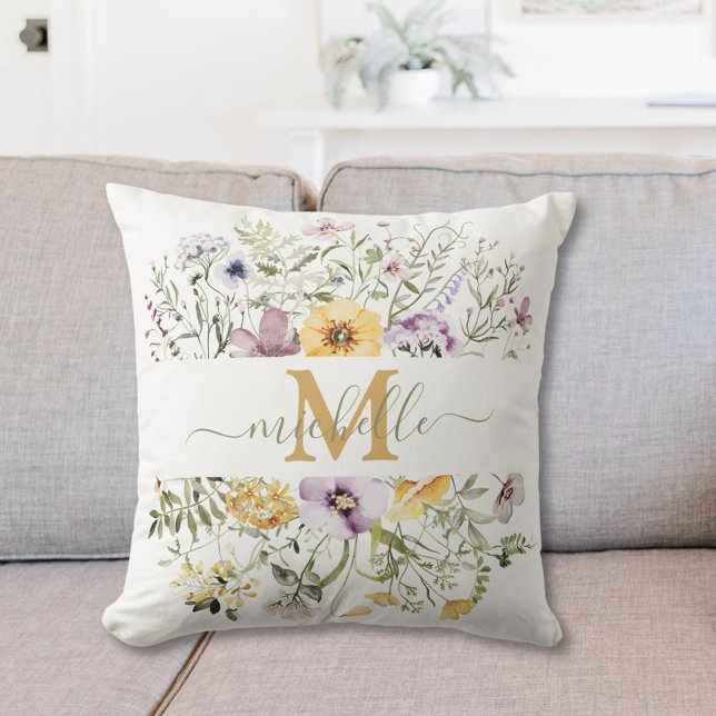 Elegant monogram färgrik vildblomsterträdgård blom kudde (In situ)