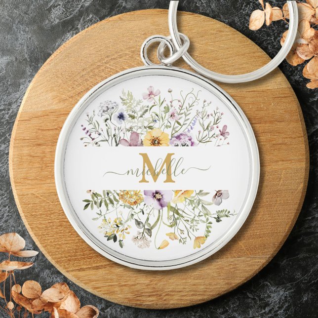 Elegant monogram färgrik vildblomsterträdgård blom rund silverfärgad nyckelring (Close up)