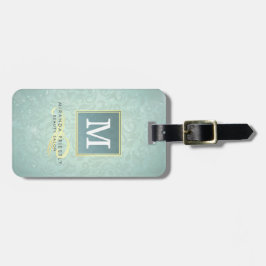 Elegant Monogram Faux Guld Turquise Damask Blommig Bagagebricka