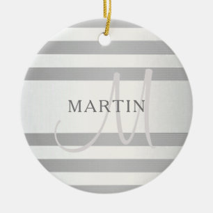 Elegant Monogram Faux Silver Gradient Grått Rand Julgransprydnad Keramik