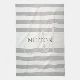 Elegant Monogram Faux Silver Gradient Grått Rand Kökshandduk