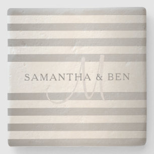 Elegant Monogram Faux Silver Gradient Grått Rand Stenunderlägg