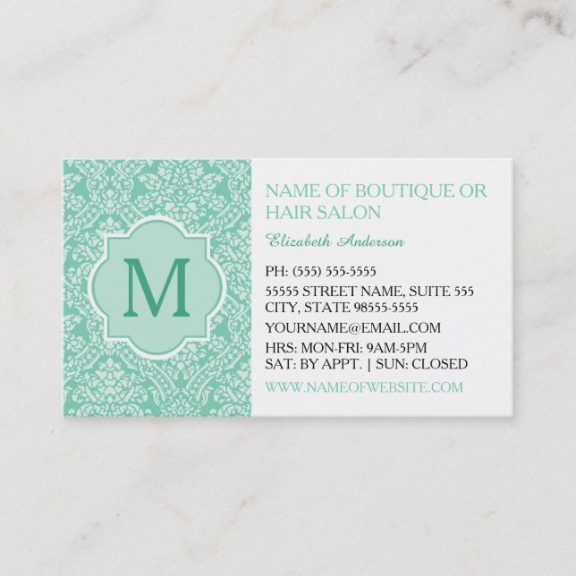 Elegant Monogram Feminine Mint Damask Boutique Visitkort (Framsida)