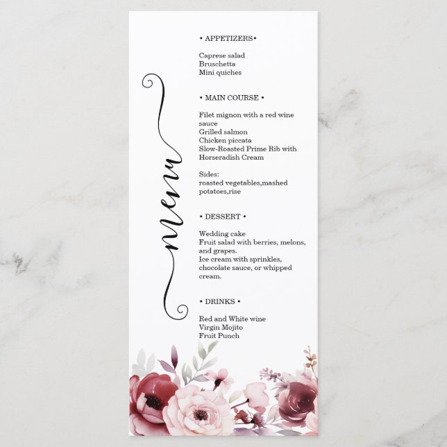 Elegant Monogram Floral Wedding Double-Sided  Meny (Framsida)
