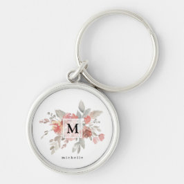 Elegant Monogram för Blommigt av Rosa Rund Silverfärgad Nyckelring