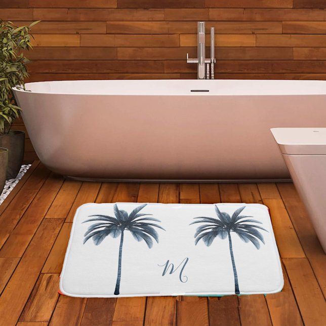 Elegant Monogram för Tropiska blå Handflatan-Vinta Badrumsmatta (Skapare uppladdad)