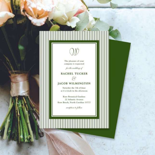 Elegant Monogram Forest Green Striped Wedding Inbjudningar (Skapare uppladdad)