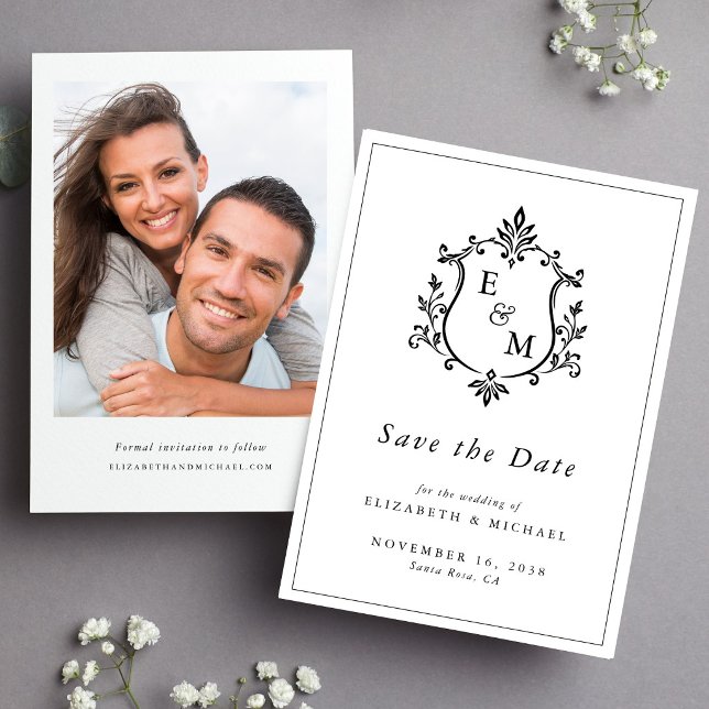 Elegant Mönogram Foto Bröllop Spara Datumet (Elegant Crest Monogram Photo Wedding Save The Date)