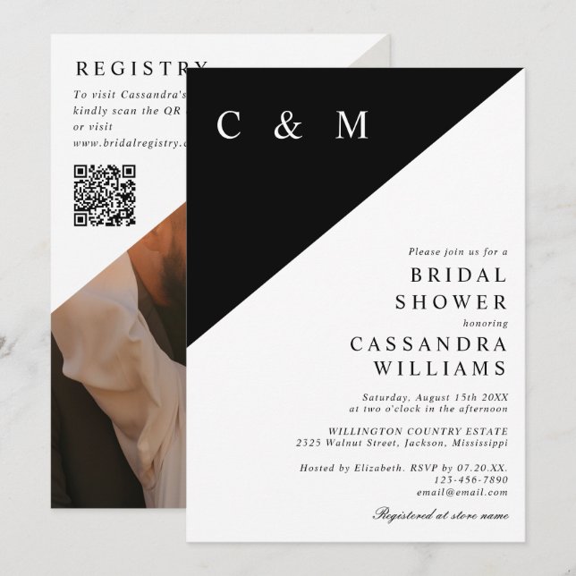 Elegant Monogram Foto QR-kod Bröllopsfest Inbjudningar (Fram/baksida)