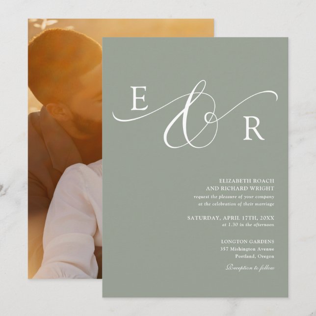 Elegant Monogram Foto Sälggrön Bröllop Inbjudningar (Fram/baksida)
