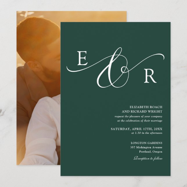 Elegant Monogram Foto Smaragdgrön Bröllop Inbjudningar (Fram/baksida)