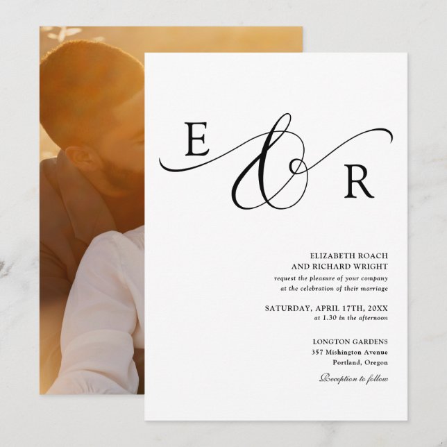 Elegant Monogram Foto Svart Och Vitt Bröllop Inbjudningar (Fram/baksida)