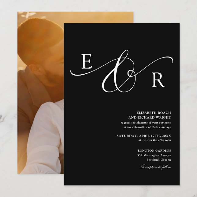Elegant Monogram Foto Svart Och Vitt Bröllop Inbjudningar (Fram/baksida)