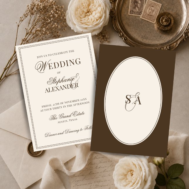 Elegant Monogram Gammaldags Pengar Brun & Elfenben Inbjudningar (Skapare uppladdad)