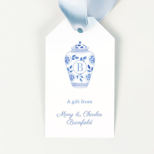 Elegant Monogram Ginger Burk Värdinna Presentetikett (Hand painted in watercolor blue and white ginger jar with monogram hostess gift tags)