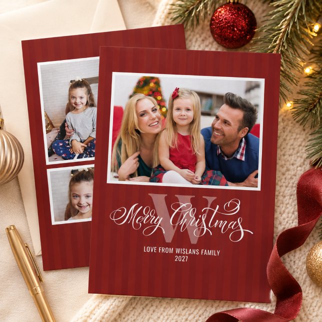 Elegant Monogram God Jul Familj MultiFoto Julkort (Skapare uppladdad)