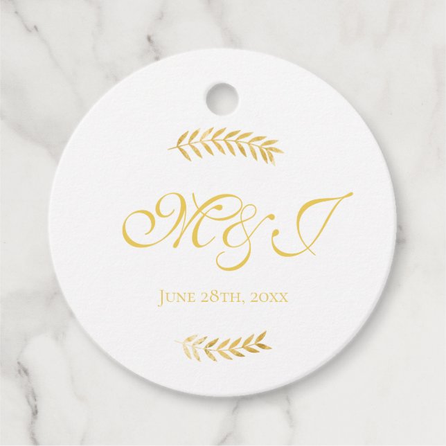 Elegant Monogram Golden Löv Bröllop Gåvor Etiketter (Framsida)