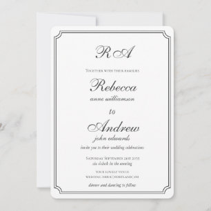 Elegant monogram gräns svart och vit bröllop i inbjudningar