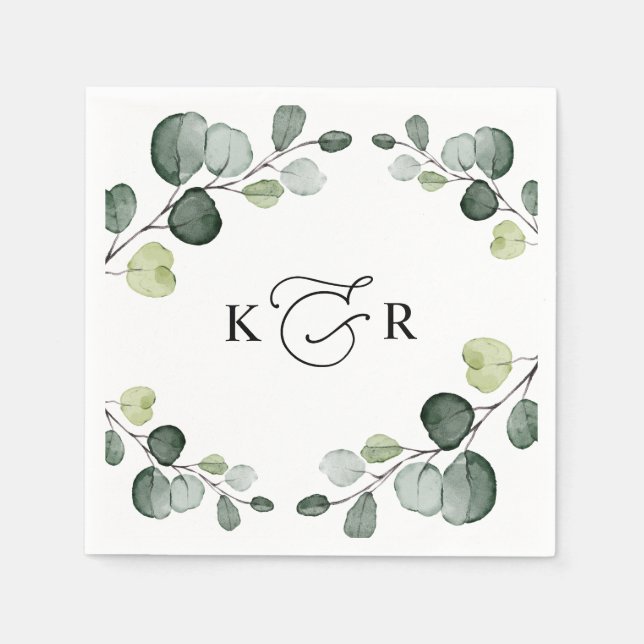 Elegant Monogram Greenery Eucalyptus Personlig Pappersservett (Framsidan)
