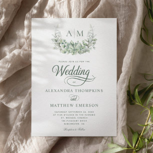 Elegant Monogram Greenery Eucalyptus Sage Bröllop Inbjudningar
