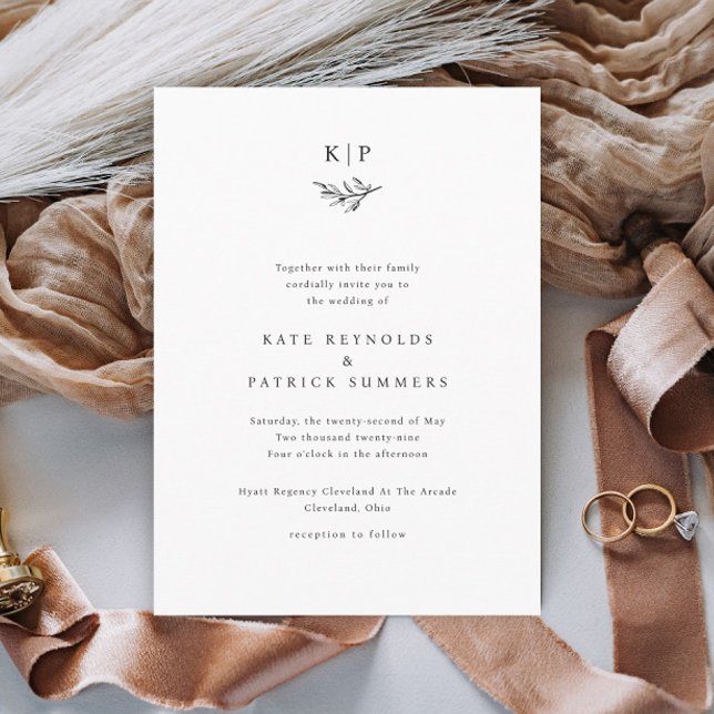 Elegant Monogram Greenery Leaves Simple Wedding Inbjudningar (Simple Wedding Monogram with Greenery Wedding Invitations.)