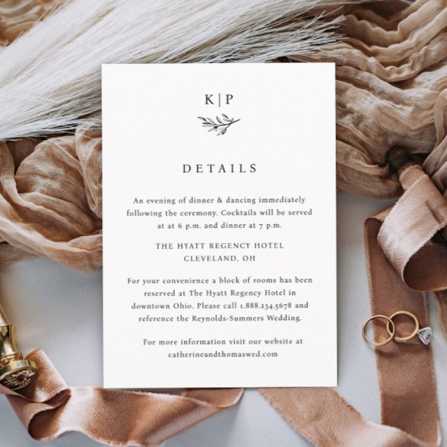 Elegant Monogram Greenery Leaves Wedding Details Tilläggskort (Simple wedding monogram with greenery wedding details enclosure cards.)