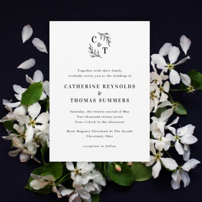 Elegant Monogram Greenery Löv Bröllop Inbjudningar (Elegant Monogram Greenery Leaves Wedding Invitations.)