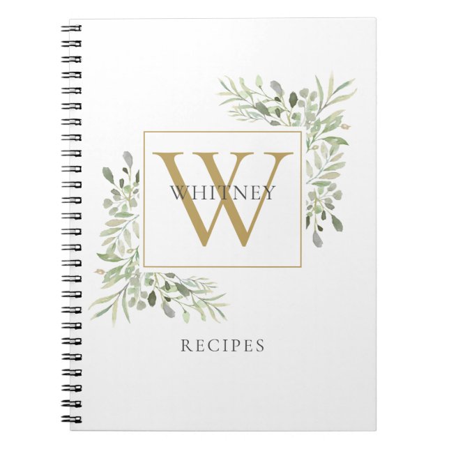 Elegant Monogram Greenery Recipe Cookbook Anteckningsbok (Framsidan)