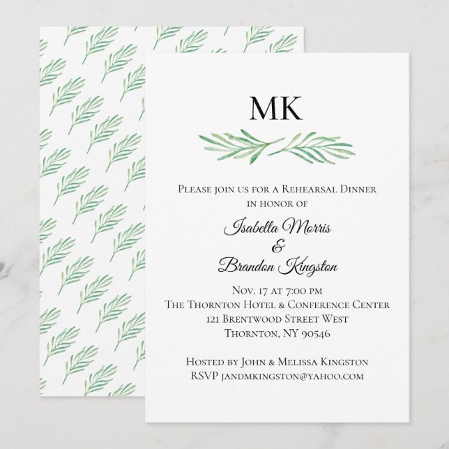 Elegant Monogram Greenery Rehearsal Middag Inbjudningar (Fram/baksida)