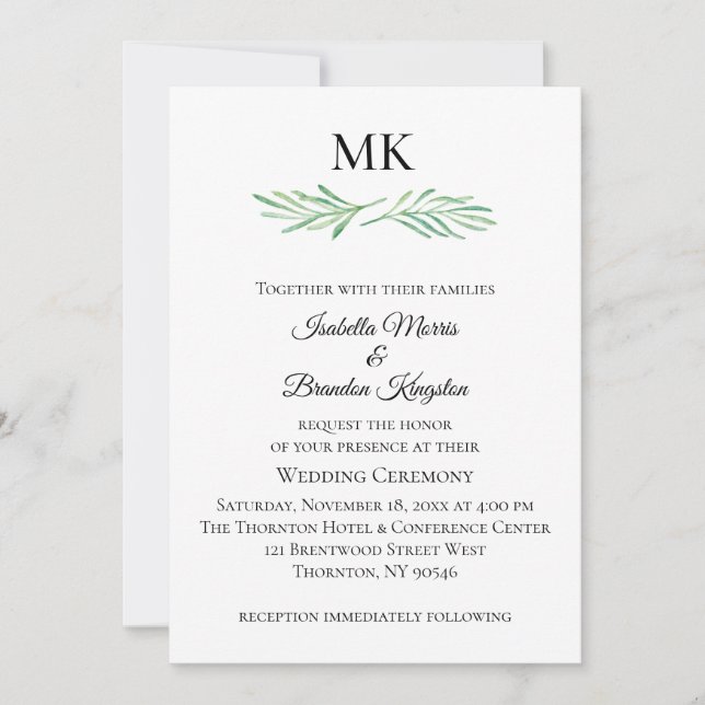 Elegant Monogram Greenery Wedding bjudande in Inbjudningar (Framsida)