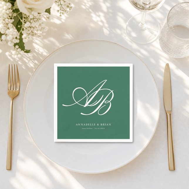 Elegant Monogram Grön Bröllop  Pappersservett (Elegant Monogram Green Wedding Napkins)