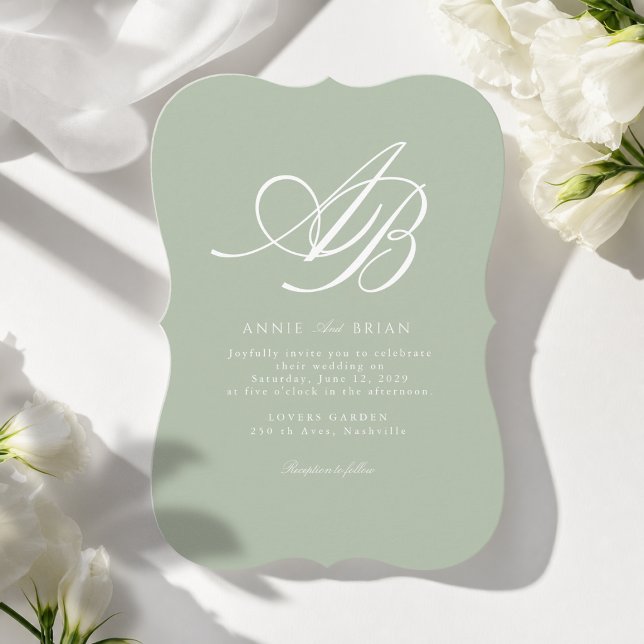 Elegant Monogram Grön Vit Bröllop Inbjudningar (Elegant Monogram Sage Green White Wedding Invitation)